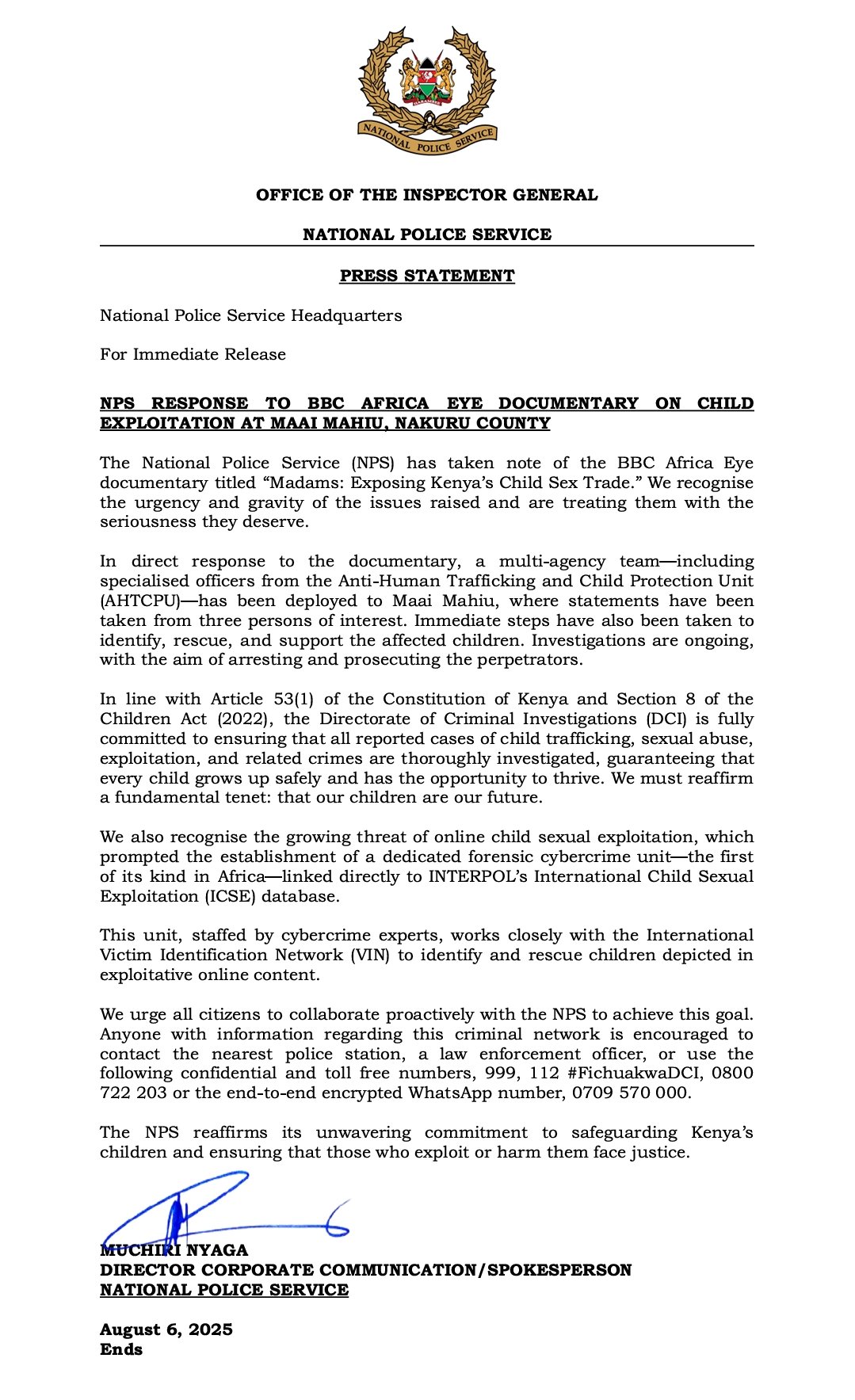 NPS press statement confirming that an investigation into the alleged sex trafficking involving minors has commenced. Photo: NPS Source: X