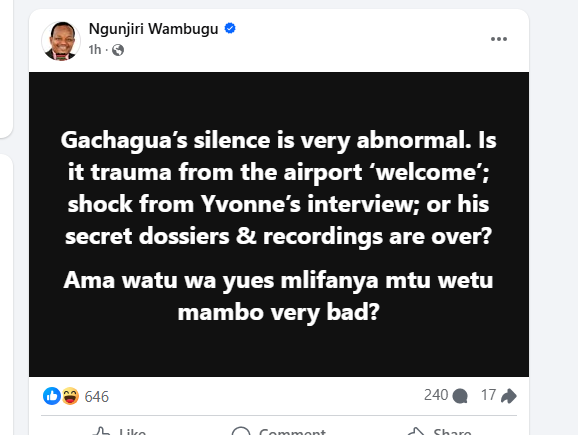 Ngunjiri Wambugu bashing Gachagua in a facebook post. Photo: Screenshot by Kenya Digest.