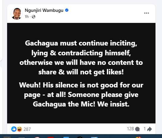 Ngunjiri Wambugu post slamming Gachagua. Photo: Screengshot by Kenya Digest