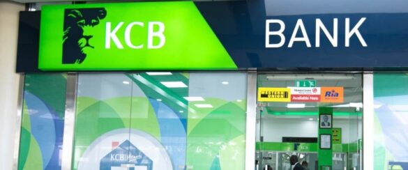 A view of a building displaying the KCB logo prominently above the entrance. Photo: Tuko Source: Facebook.