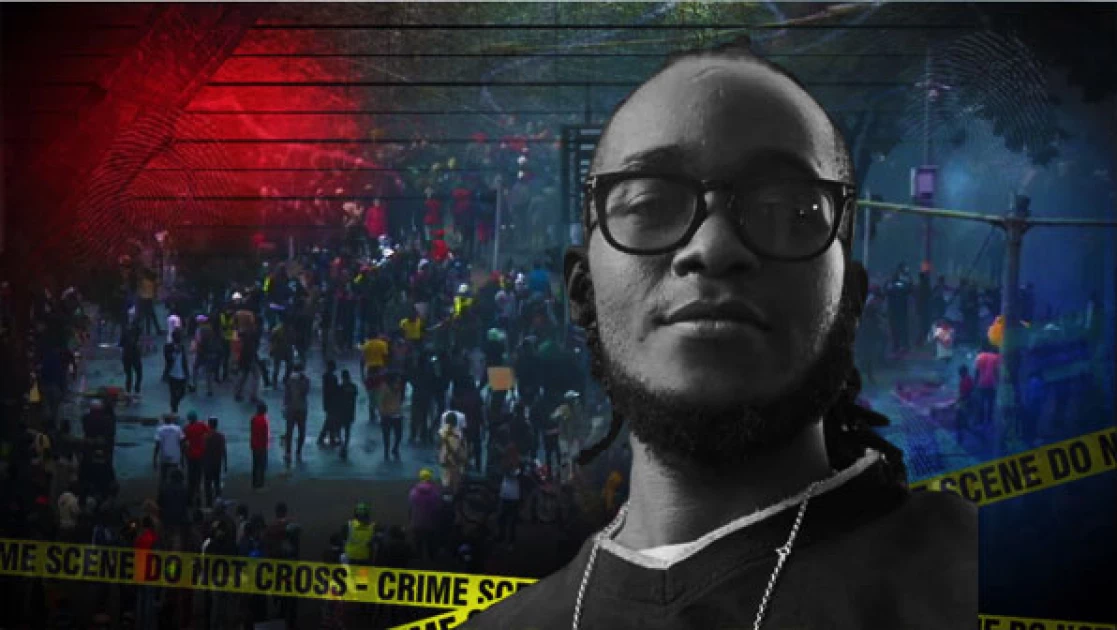 A high-resolution graphic showing the late Rex Masai’s photo combined with yellow crime scene tape and a group of protesters in the background. Photo: Citizen TV Kenya | Source: Facebook