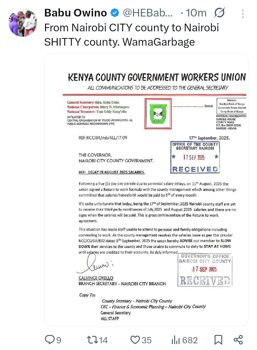X post by Babu Owino