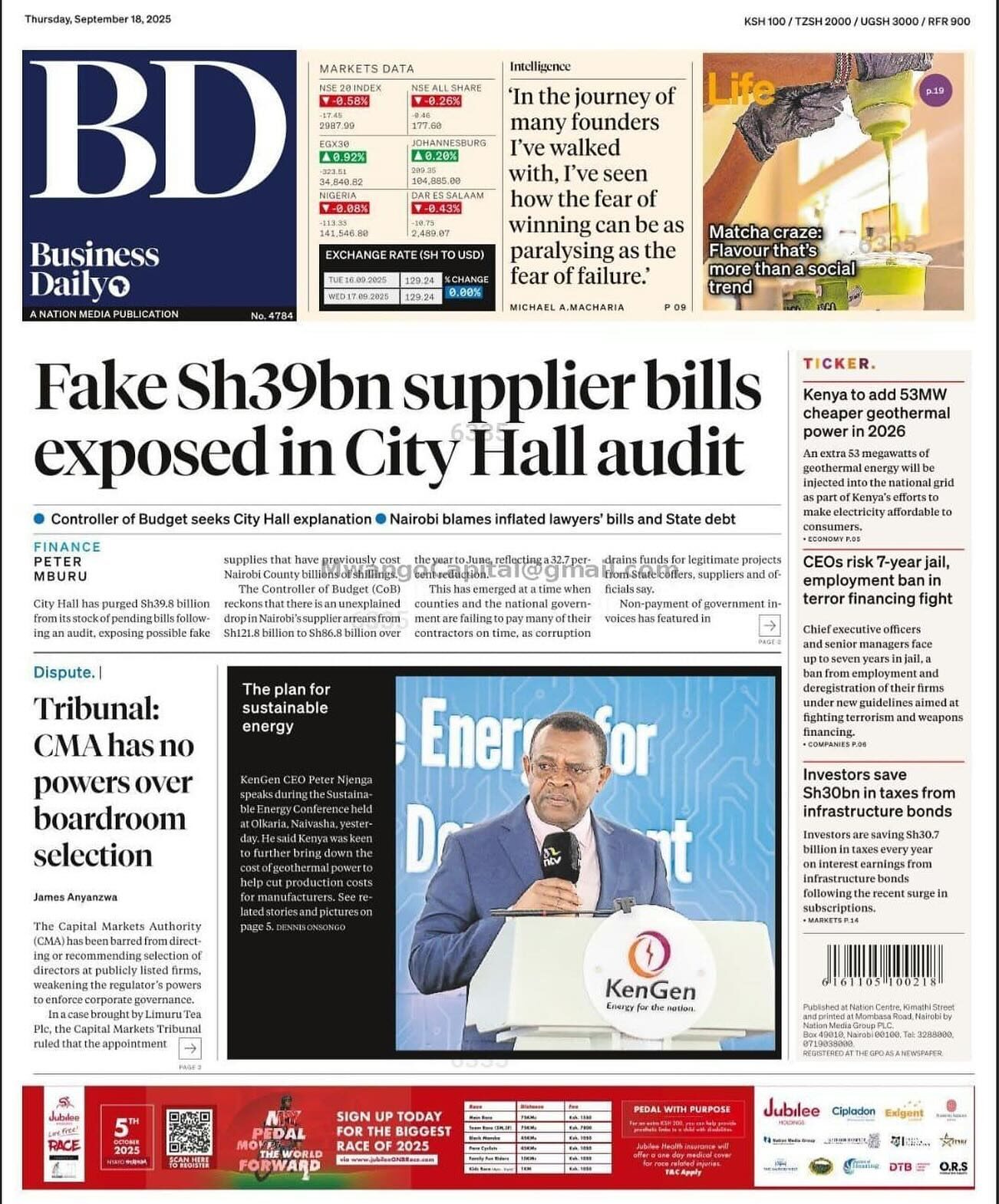 A front page of Business Daily newspaper showing how Sakaja paid billions. Photo: Babu Owino | Facebook