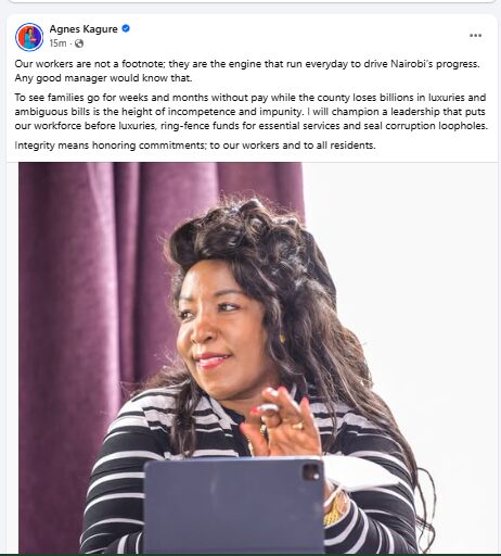 Agnes Kagure's post blasting Nairobi government. Photo: Agnes Kagure | Facebook