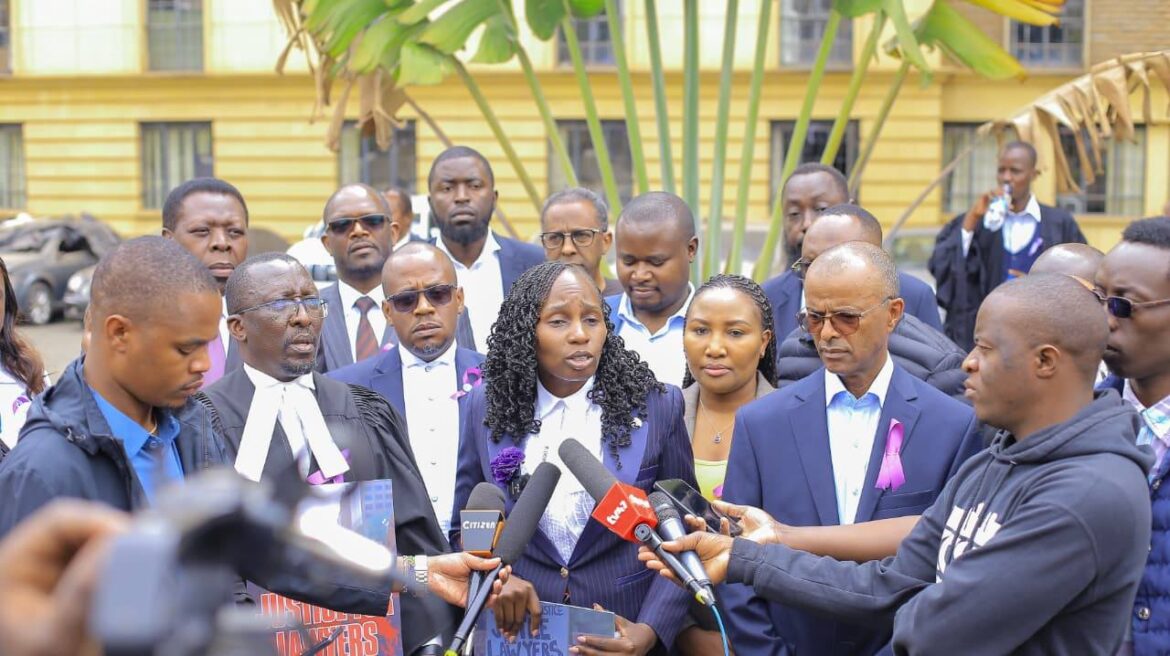 LSK President Faith Odhiambo speaks during the protests against the killing of Lawyer Kyalo Mbobu. Photo: Faith Odhiambo Source: Facebook