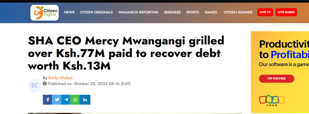 A screenshot of SHA's Mercy Mwangangi being grilled by MPS