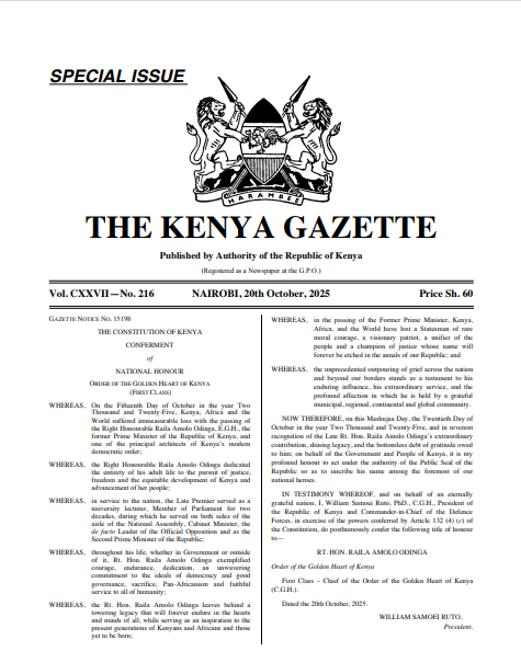 A screenshot detailing the award conferred to the late Raila by Ruto