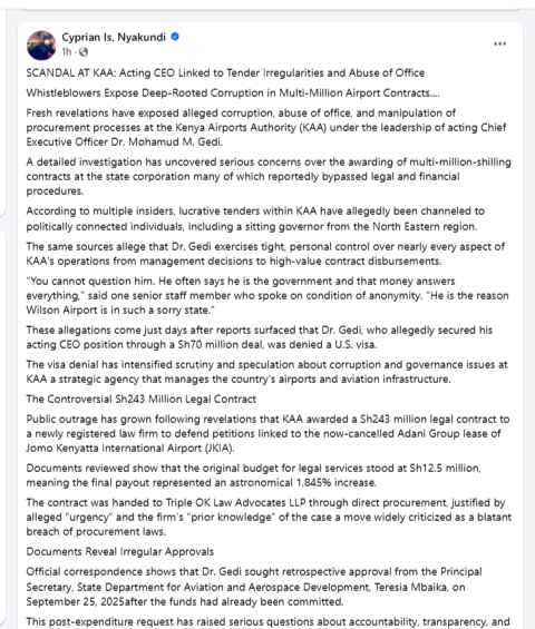 Cyprian Nyakundi's post exposing rot at KAA by Mohamud Gedi. Photo: Screenshot by Kenya Digest