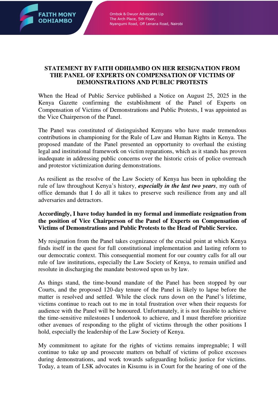 Faith Odhiambo's resignation statement. Photo: FaithOdhiambo8/X