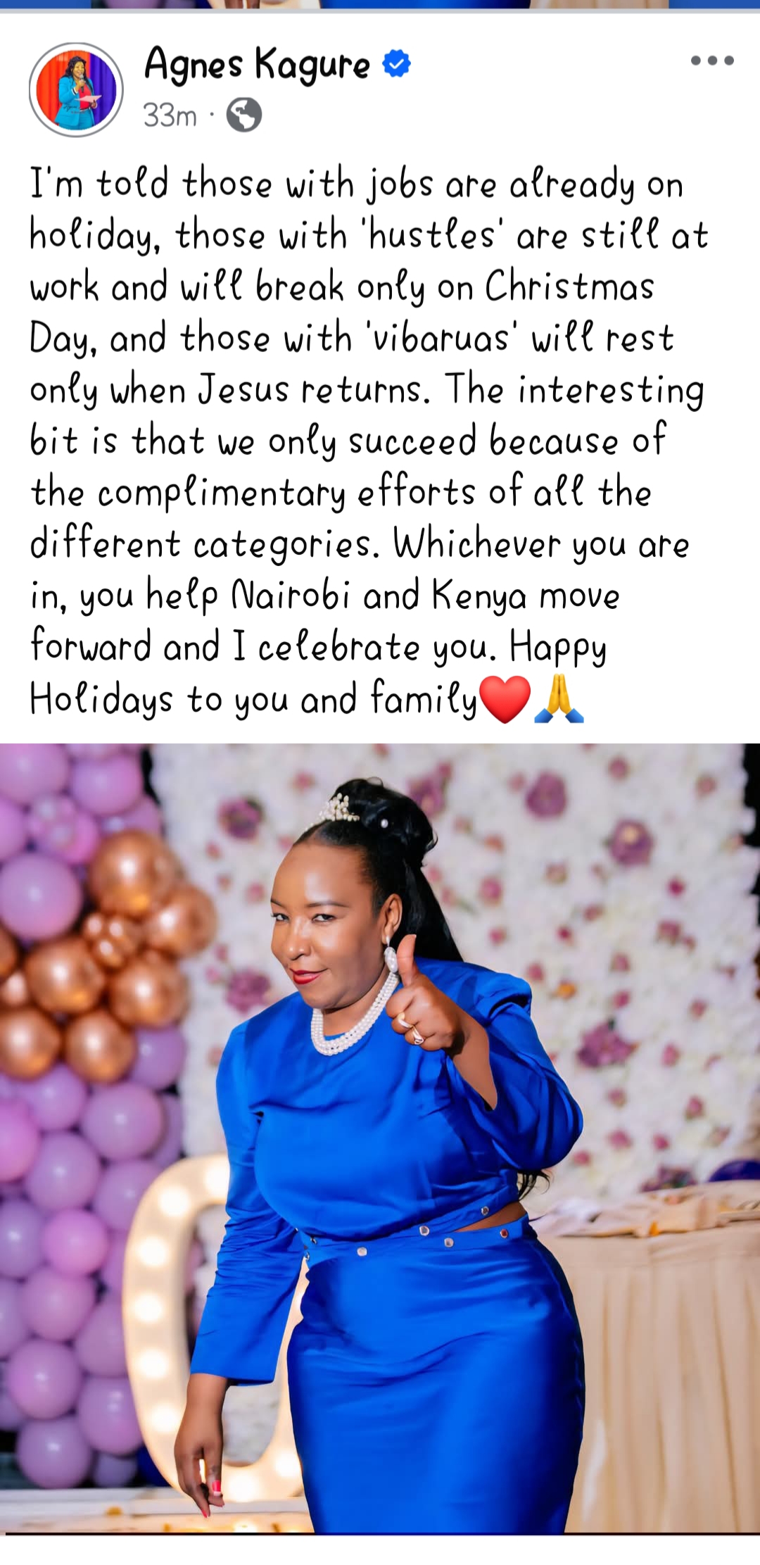 A statement by Agnes Kagure on Facebook thanking the Kenyan workers. Photo: Agnes Kagure Source: Facebook