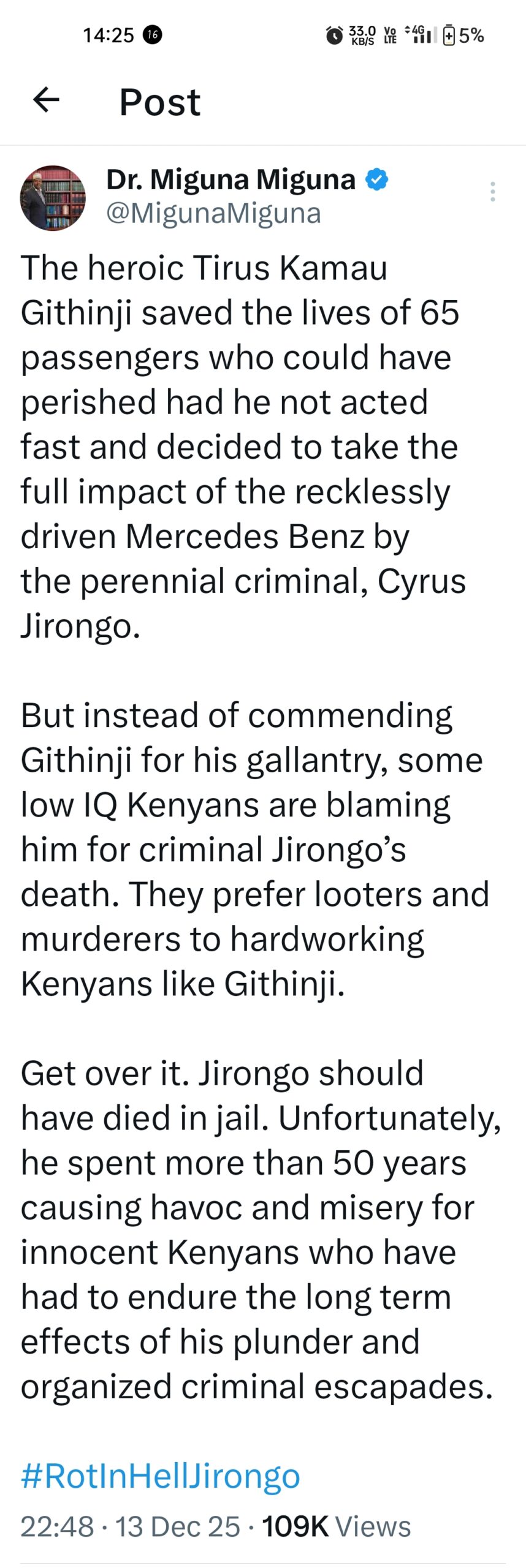 Miguna Miguna's post on X. Photo: @MigunaMiguna/X