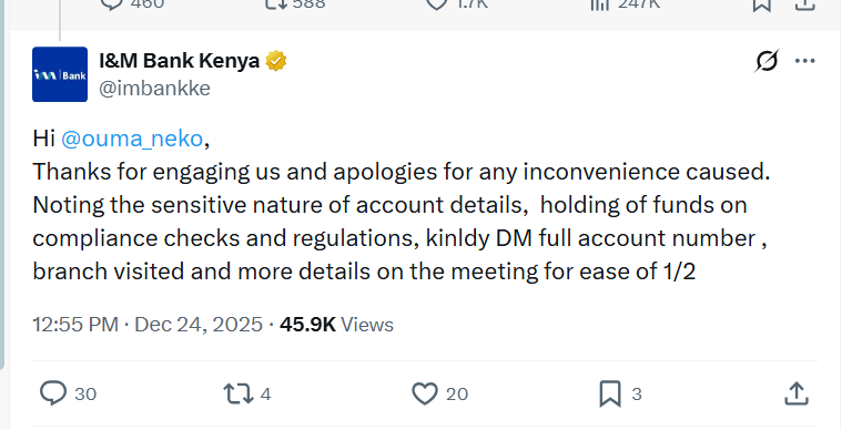 A response by I&M Bank Kenya to Ouma Neko on X. Photo: Screenshot by Kenya Digest