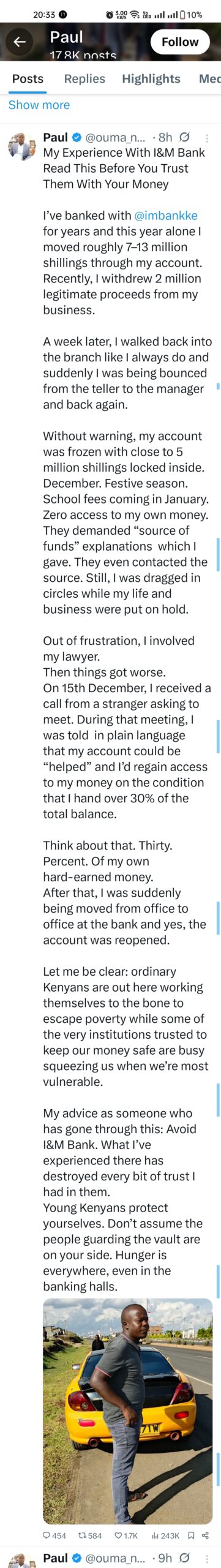 A post on X by Paul Ouma Neko exposing I&M Bank Kenya. Photo: Screenshot by Kenya Digest