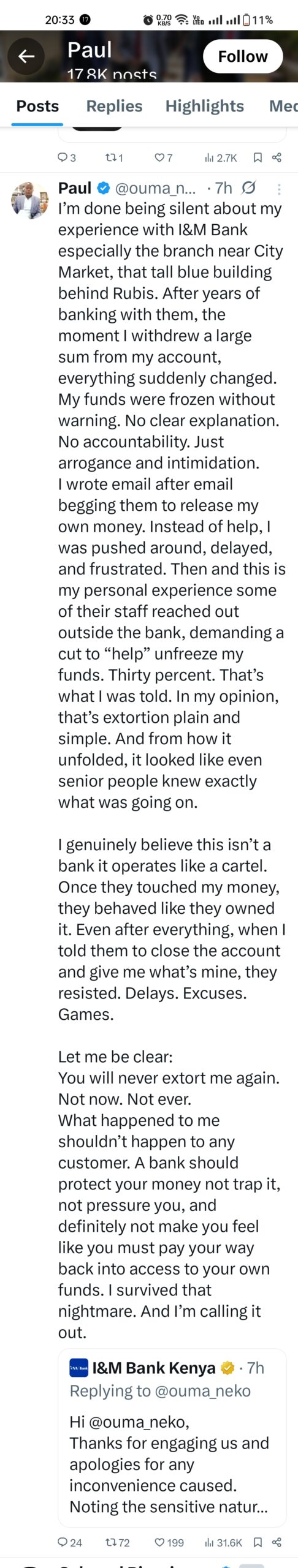 A post on X by Paul Ouma Neko exposing I&M Bank Kenya. Photo: Screenshot by Kenya Digest