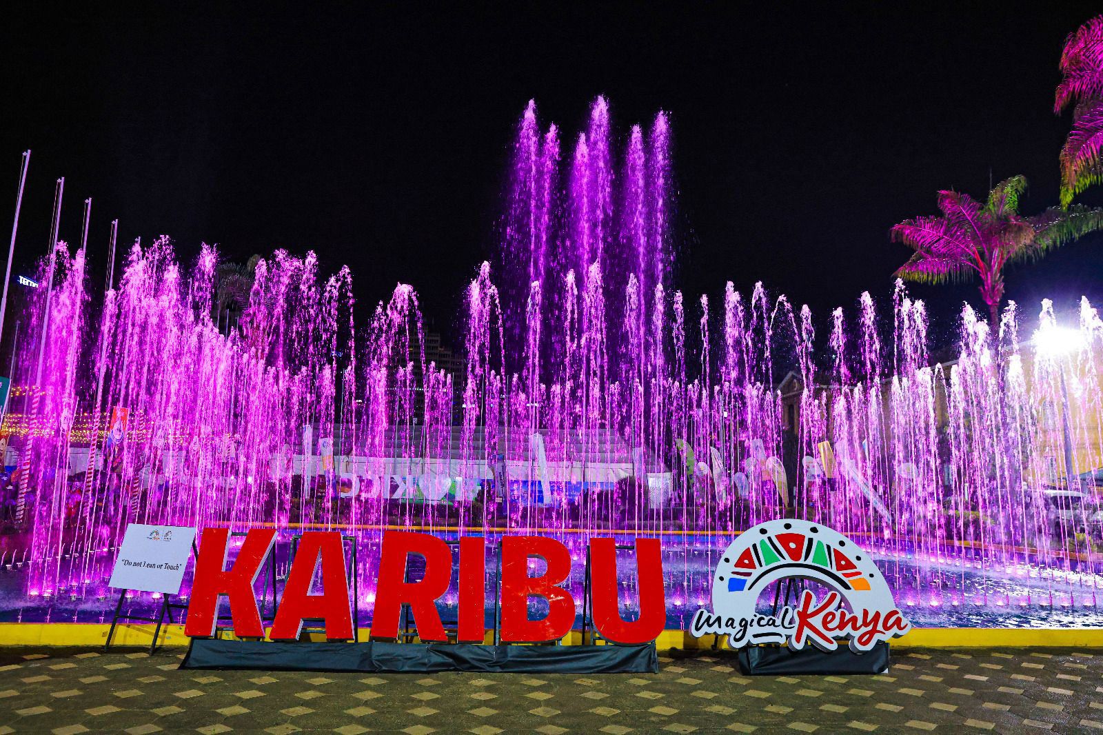 A high-res image captures dancing waters, with a message 'Karibu' drawn using red signage. Photo: Magical Kenya