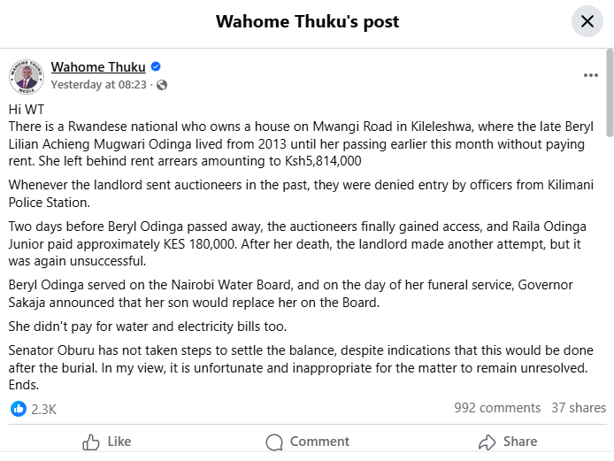 Wahome Thuku's post about Beryl Odinga's rent arrears. Photo: Screenshot from @wahome.thuku/Facebook