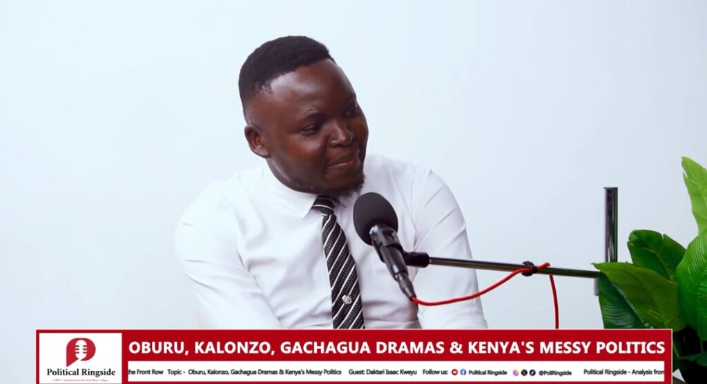 Political Ringside's moderator and political commentator Trueboy Nyakoko engages political expert Isaac Kweyu. Photo: Political Ringside Source: YouTube