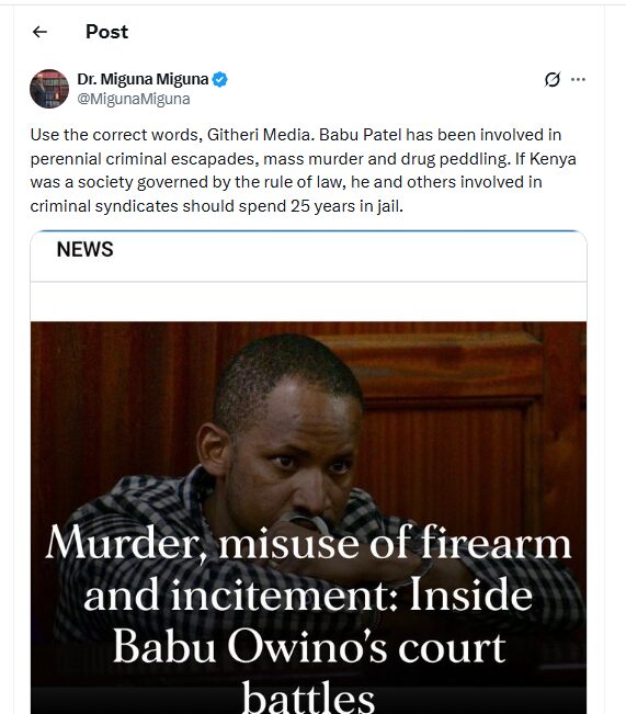Miguna Miguna post bashing Babu Owino. Photo: Screenshot from https://x.com/migunamiguna/status/2006381420743131524