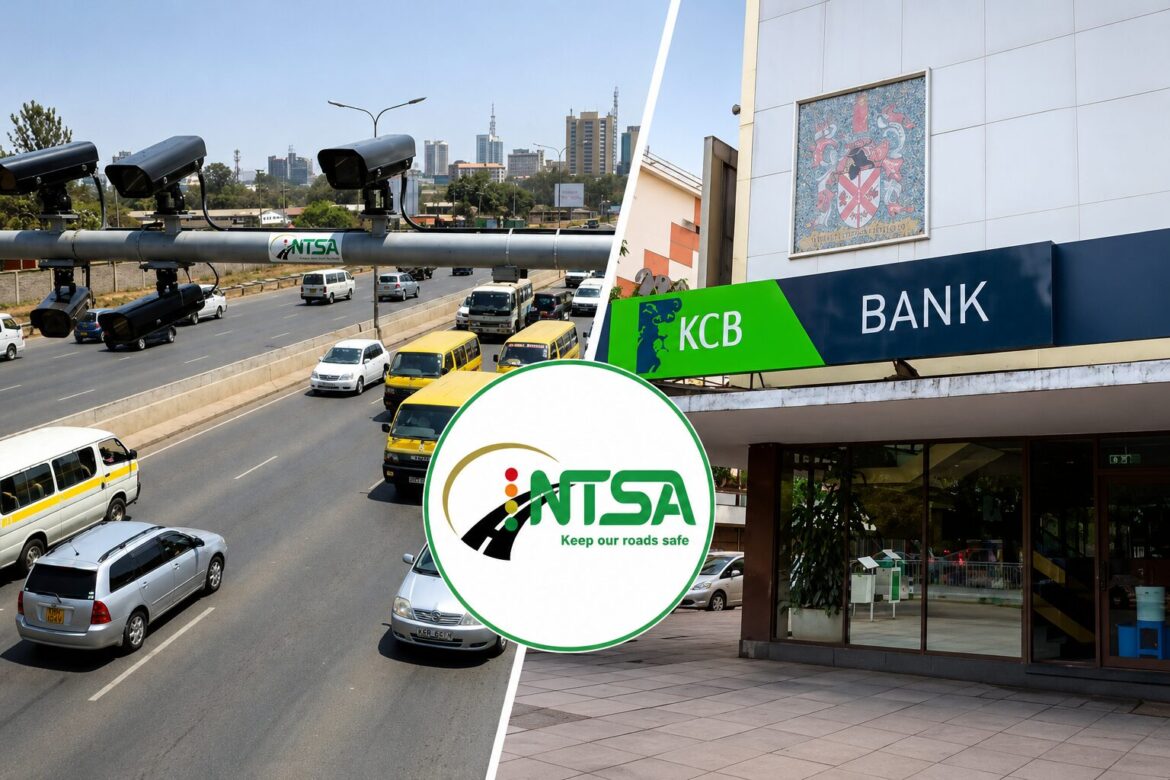 Photo collage showing NTSA traffic enforcement cameras on a Kenyan highway, a KCB Bank branch and the NTSA logo.