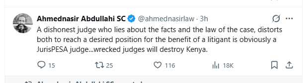 Ahmednasir complains about corruption by judges. Photo: Ahmednasir Abdullahi Source: X