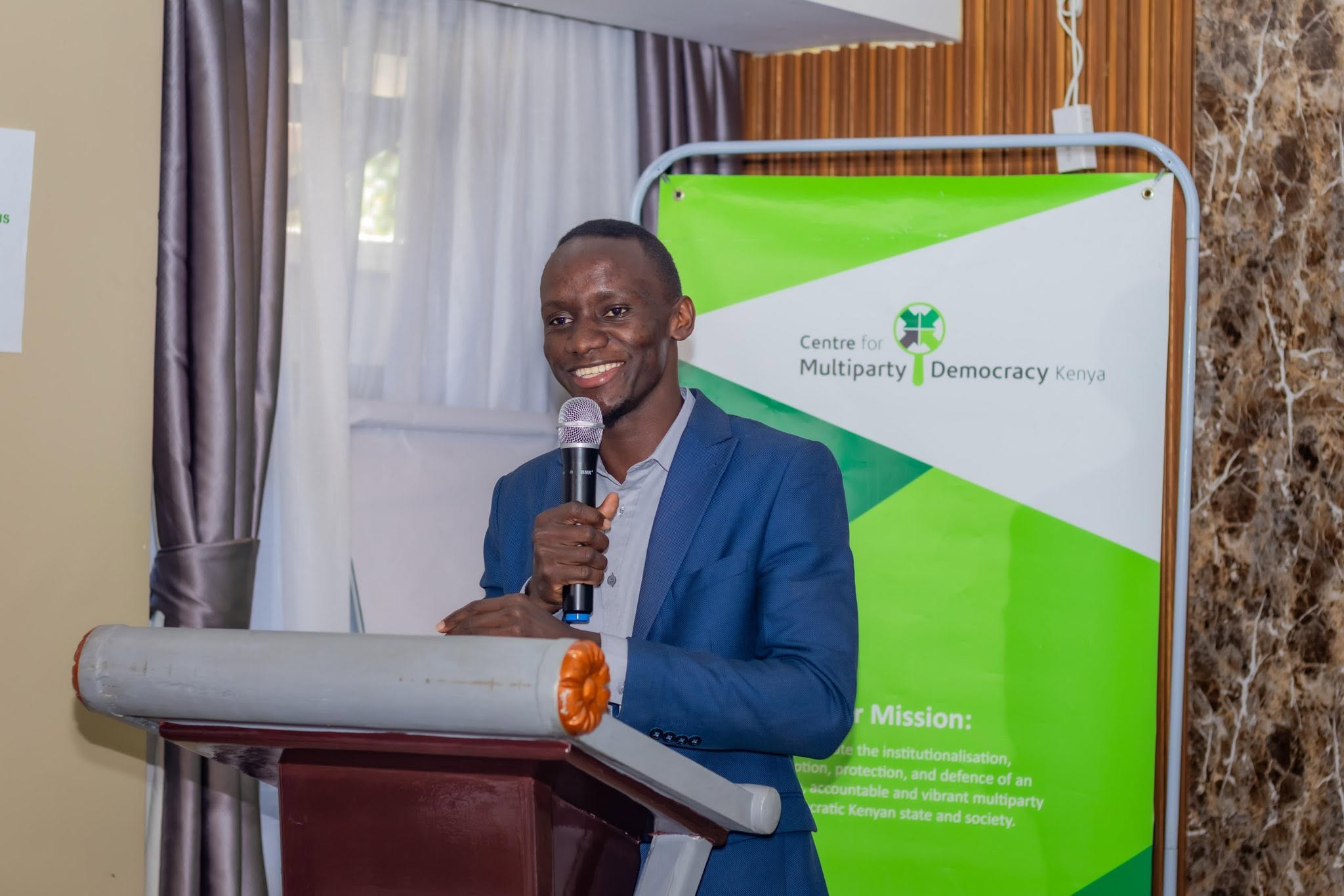 Youthful Nairobi Senate aspirant on DCP ticket Ken Babu speaks during a past event. Photo: Sen. Ken Babu, HscSource: Facebook