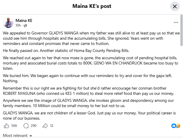 A screenshot of Maina KE complaining against Homa Bay Governor Gladys Wanga. PHOTO/@Governornyatingli/Facebook