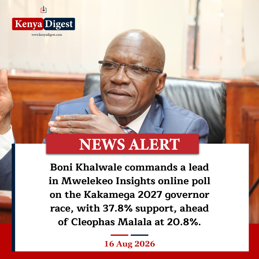 An infographic showing Kakamega Senator Boni Khalwale leads in online poll. Photo/Kenya Digest