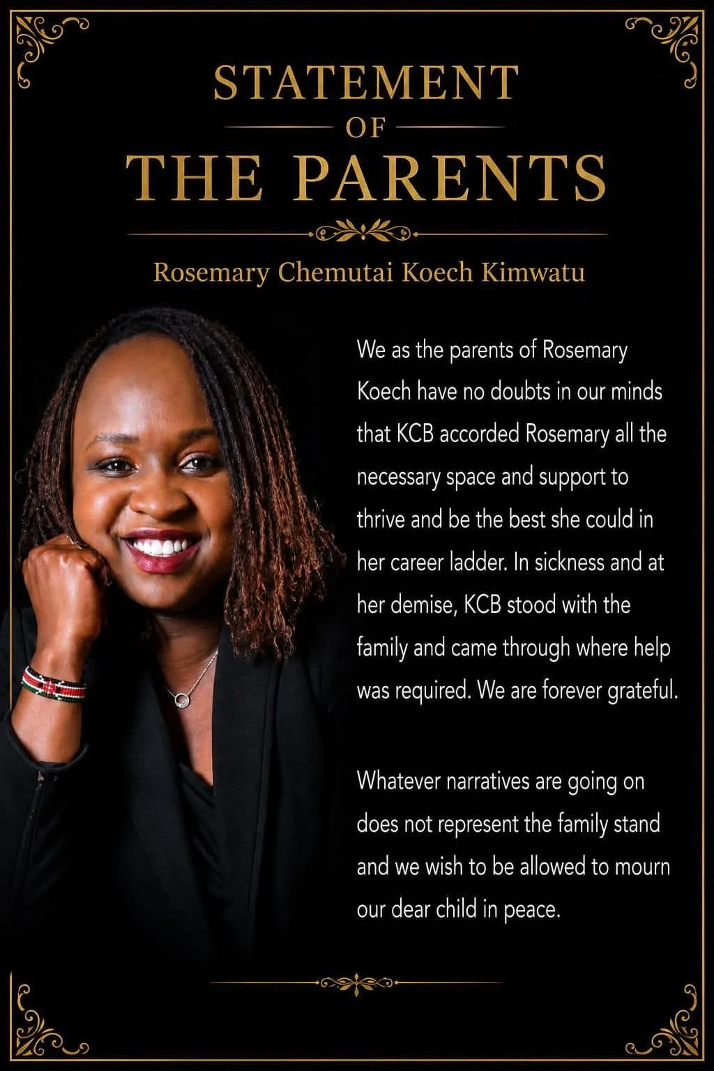 Statement by Rosemary Koech' parents. Photo/Kenya Digest