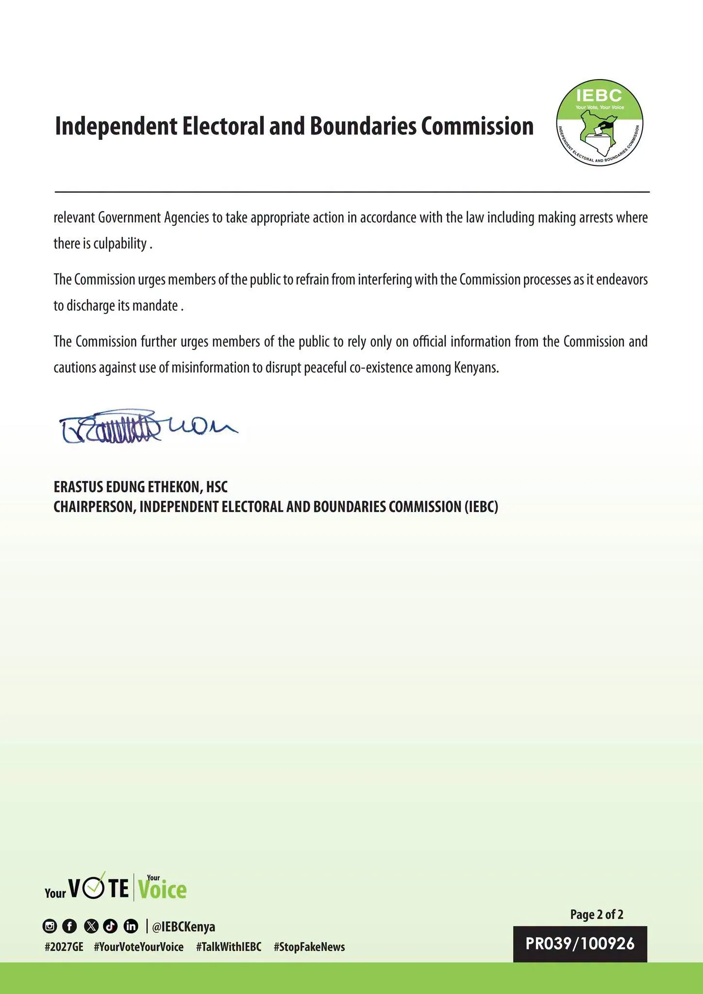 Page two of the IEBC statement over the Kenyatta University incident. Photo/@IEBCKenya/X