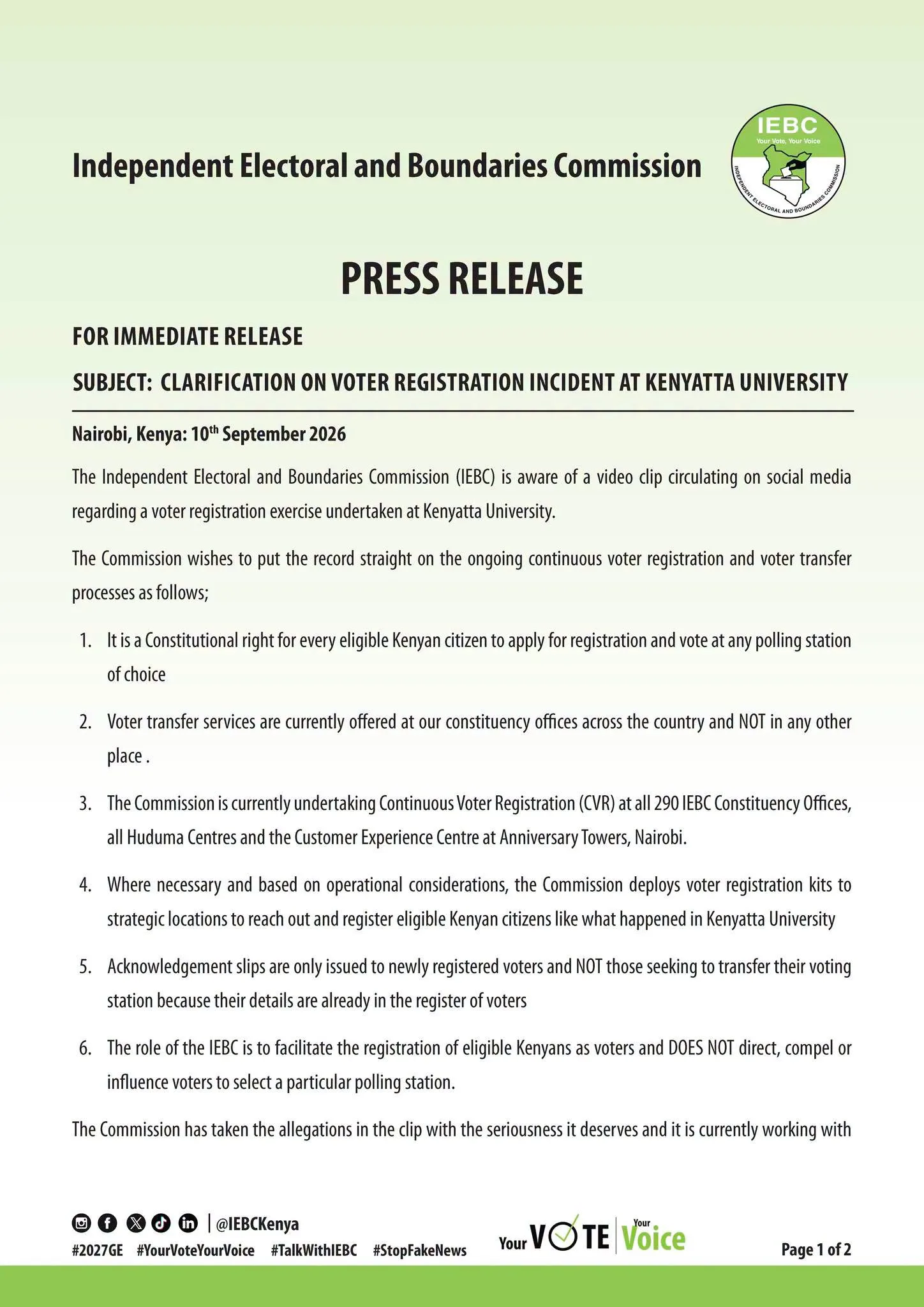 Page one of the IEBC statement over the Kenyatta University incident. Photo/@IEBCKenya/X