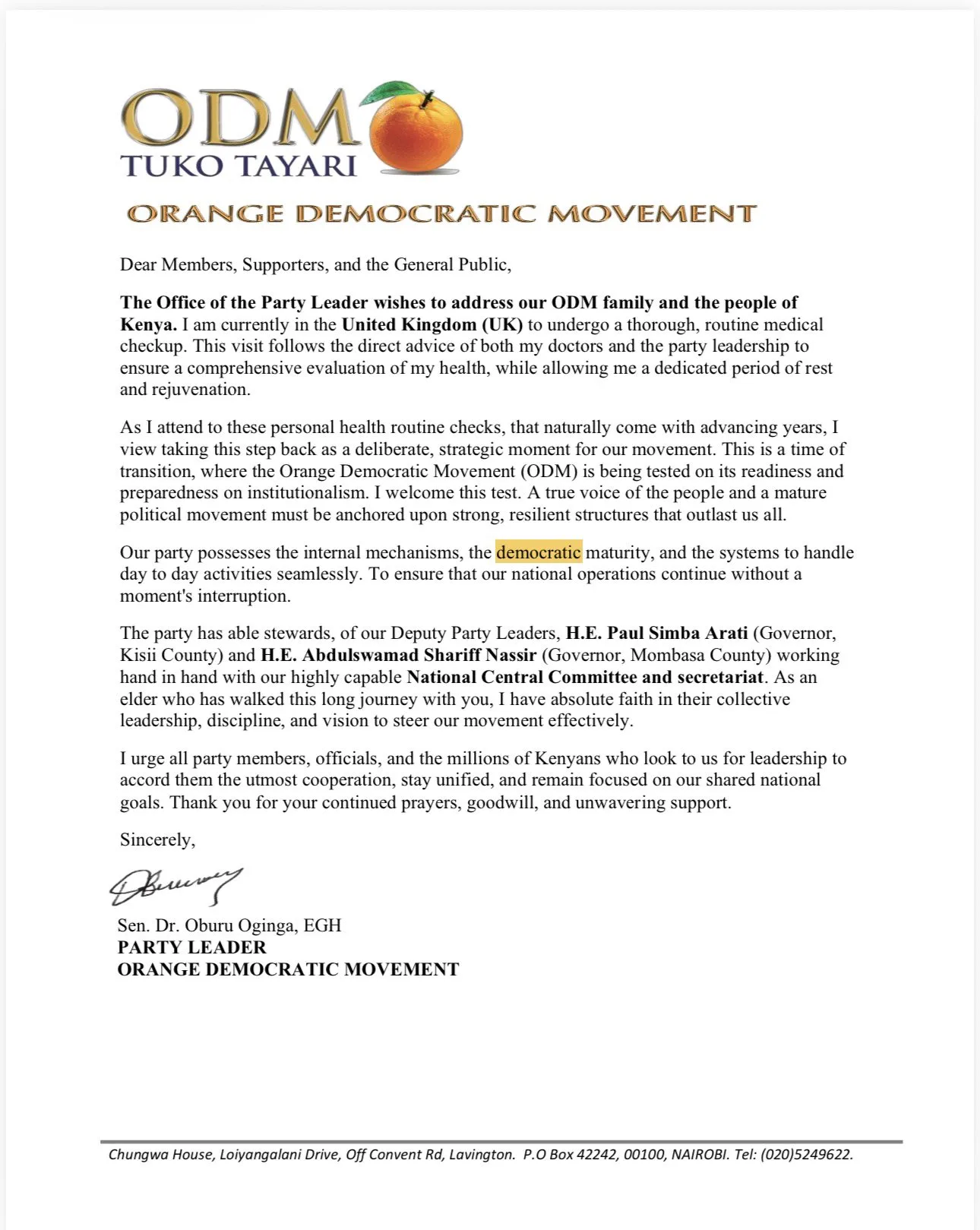 ODM Party statement on Oburu Odinga's health. Photo/@TheODMparty/X