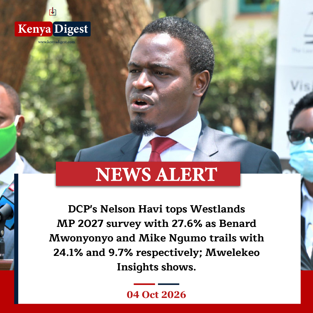 A breaking News Alert poster on Nelson Havi topping Westlands MP poll.