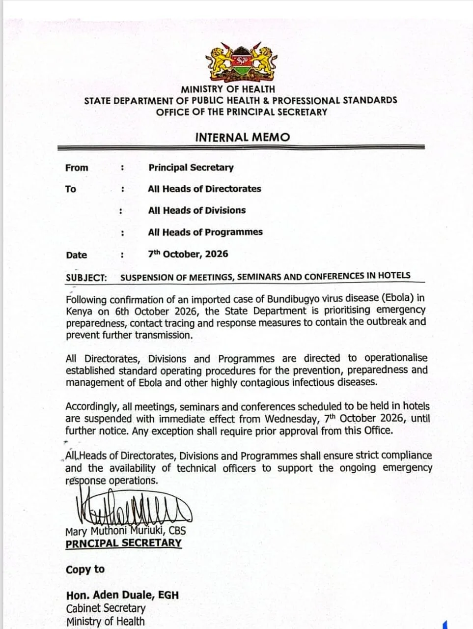 A memo communicating ban of hotel meetings